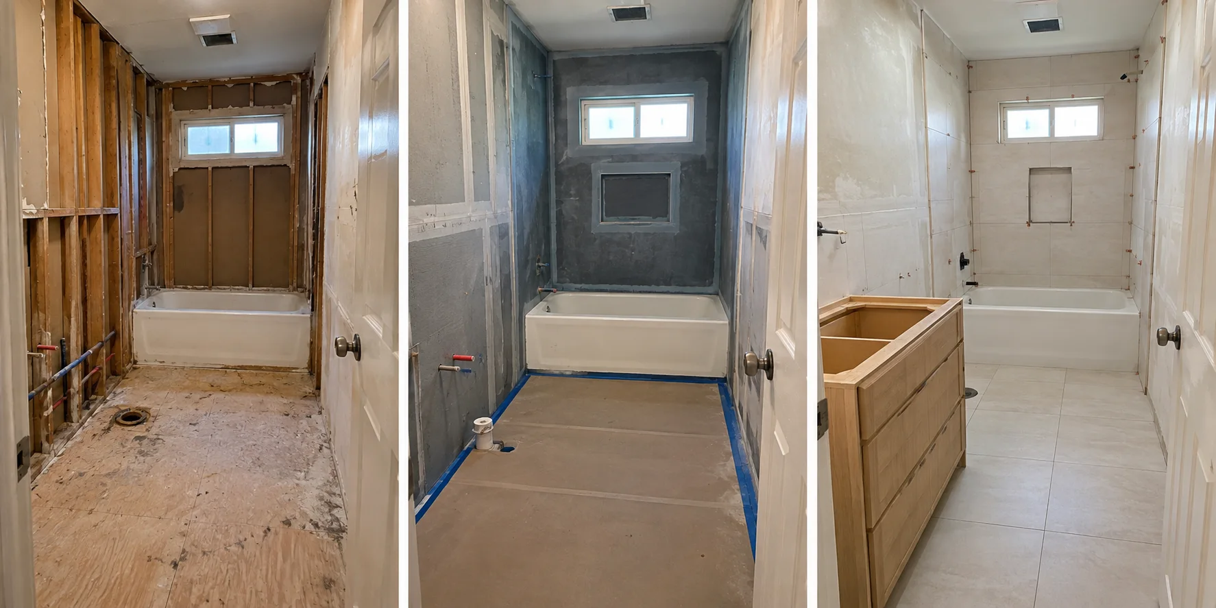 Conceptual three-stage sequence of the same compact bathroom during demolition, waterproofing, and tile and vanity installation